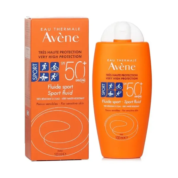 نمای بطری وجعبه ضد آفتاب اون فلوئید اسپرت Avene Fluid Sport SPF50 نارنجی ۱۰۰ میلی‌لیتر
