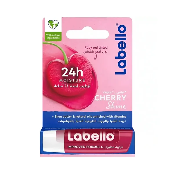 نمای جعبه بالم لب لبلو گیلاس Labello Cherry Shine Lip Balm قرمز 5 گرم