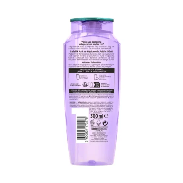 نمای پشت شامپو آبرسان و کنترل چربی لورآل السیو هیالورونیک پیور Loreal Elseve Hydra Hyaluronic Pure حجم 300 میلی‌لیتر
