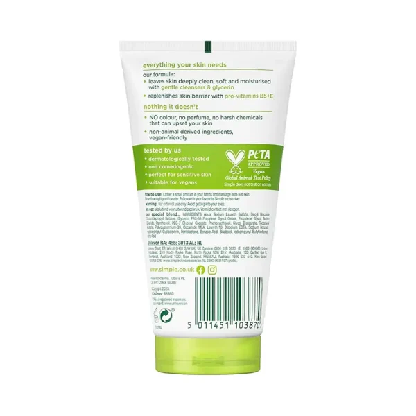 نمای پشت ژل شستشوی صورت مرطوب‌کننده سیمپل Simple Moisturizing Facial Wash تیوپ سفید سبز 150 میلی‌لیتر