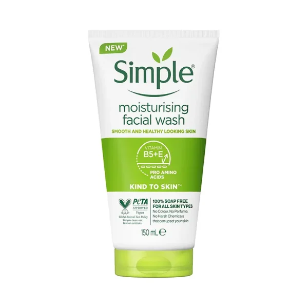 ژل شستشوی صورت مرطوب‌کننده سیمپل Simple Moisturizing Facial Wash تیوپ سفید سبز 150 میلی‌لیتر طرح قدیم