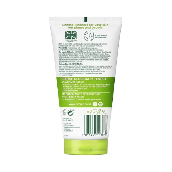 نمای پشت ژل شستشوی صورت مرطوب‌کننده سیمپل Simple Moisturizing Facial Wash تیوپ سفید سبز 150 میلی‌لیتر طرح قدیم