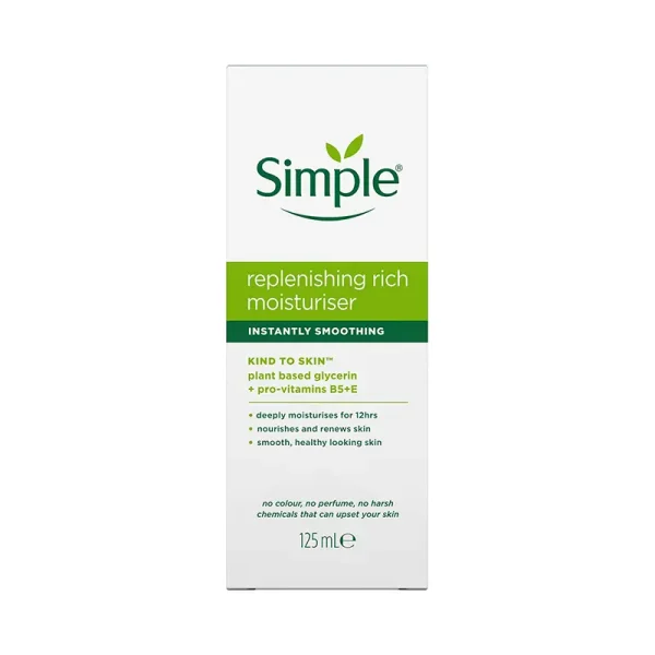 نمای جعبه کرم آبرسان و مرطوب‌کننده سیمپل ریچ Simple Replenishing Rich Moisturiser برای پوست خشک 125 میلی‌لیتر