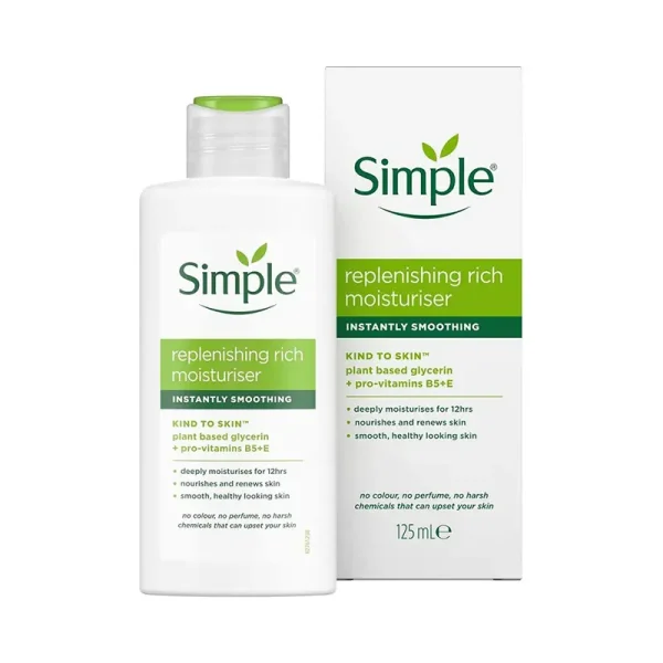 نمای بطری و جعبه کرم آبرسان و مرطوب‌کننده سیمپل ریچ Simple Replenishing Rich Moisturiser برای پوست خشک 125 میلی‌لیتر