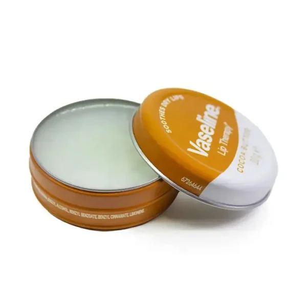 درب باز بالم لب کاسه‌ای وازلین کره کاکائو Vaseline Lip Therapy Cocoa Butter قهوه ای 20 گرم